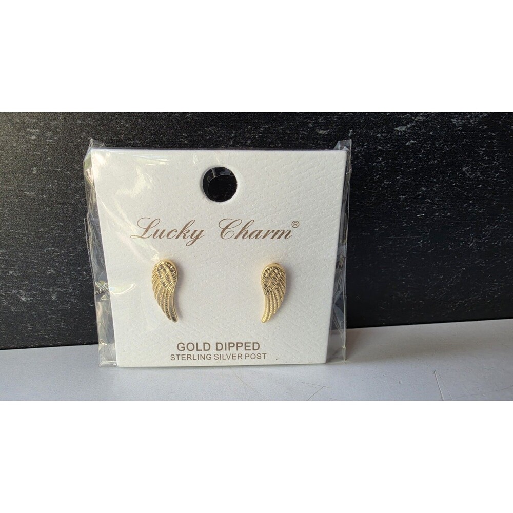 Lucky Charm Gold Dipped Sterling Silver Post Angel Wings Stud Earrings NOS